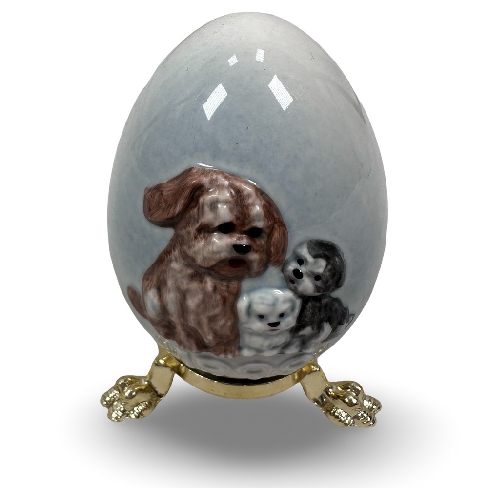 Goebel 1999 Annual Porcelain Egg Figurine Puppies Dogs Gray Blue Germany Stand